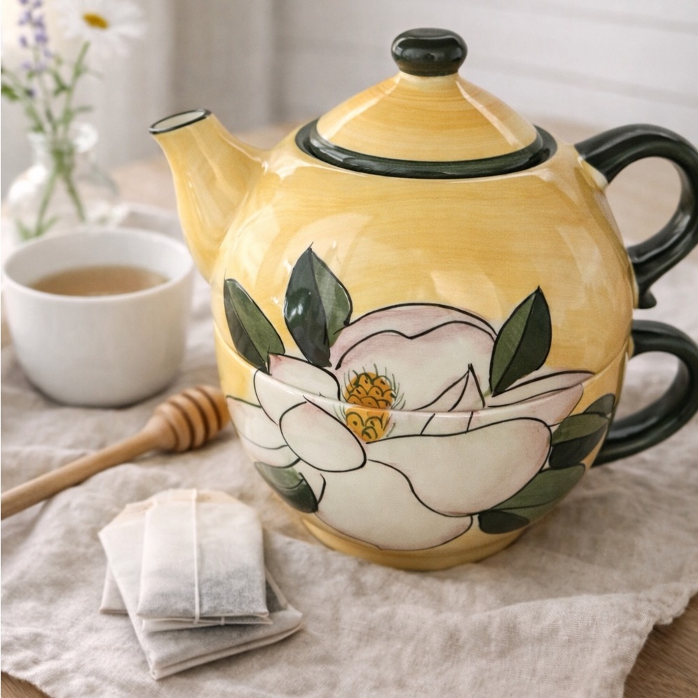 Floral Yellow Teapot with Green Accents